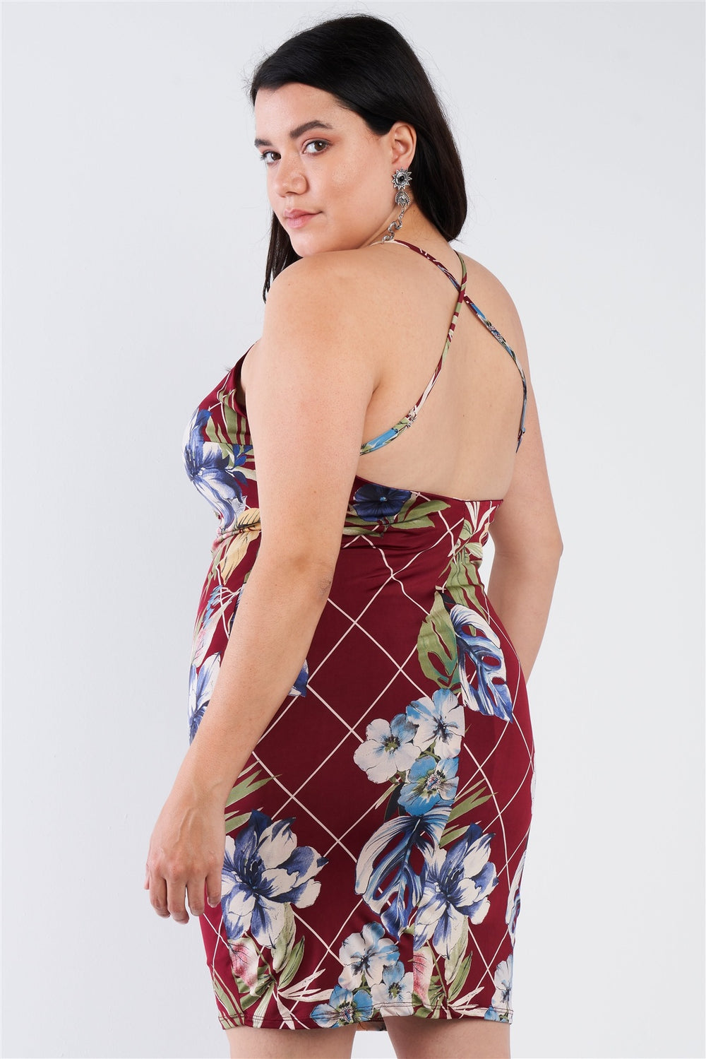 Plus Size Criss-cross Open Back Mini Floral Print Dress - A&A Haute Spot