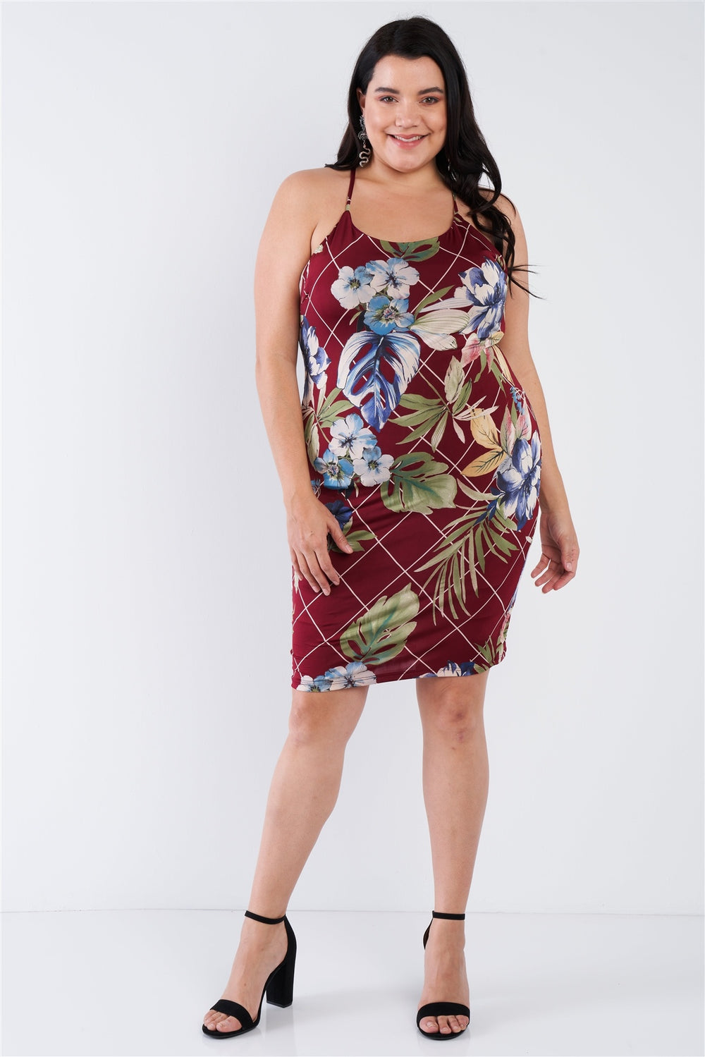 Plus Size Criss-cross Open Back Mini Floral Print Dress - A&A Haute Spot