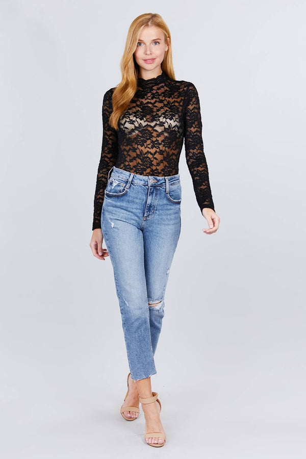 Long Sleeve Scallop Mock Neck Lace Bodysuit - A&A Haute Spot