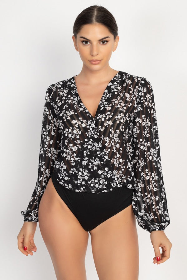 Floral & Shadow Striped Front Wrap Bodysuit - A&A Haute Spot