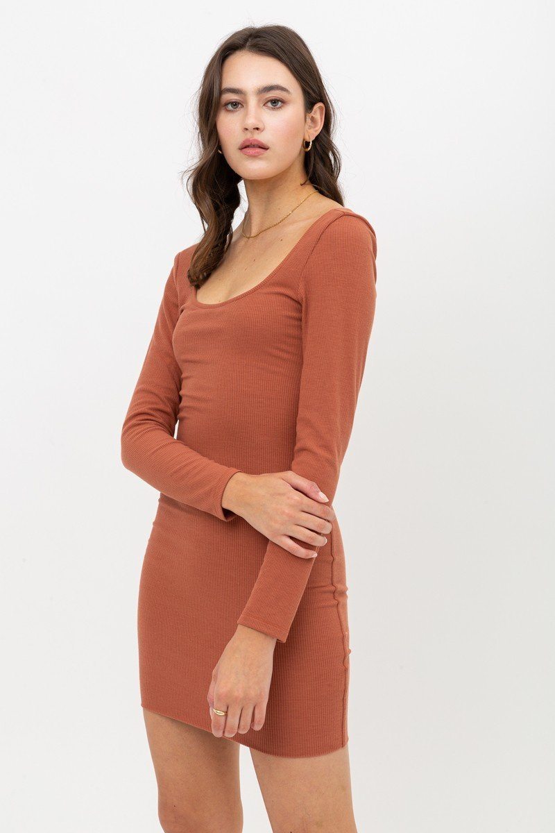 U Neck Of Front And Back Side, Basic Rib Dress With Long Sleeve - A&A Haute Spot