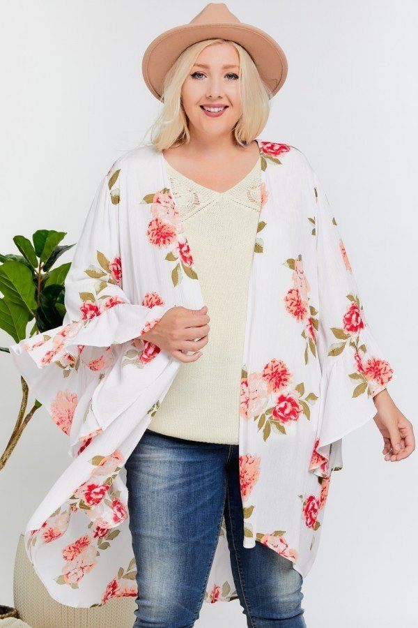 Floral Print Ruffle Detailed Draped Longline Maxi Kimono Cardigan - A&A Haute Spot