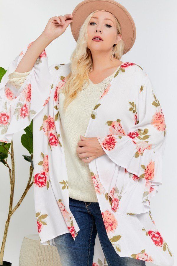 Floral Print Ruffle Detailed Draped Longline Maxi Kimono Cardigan - A&A Haute Spot