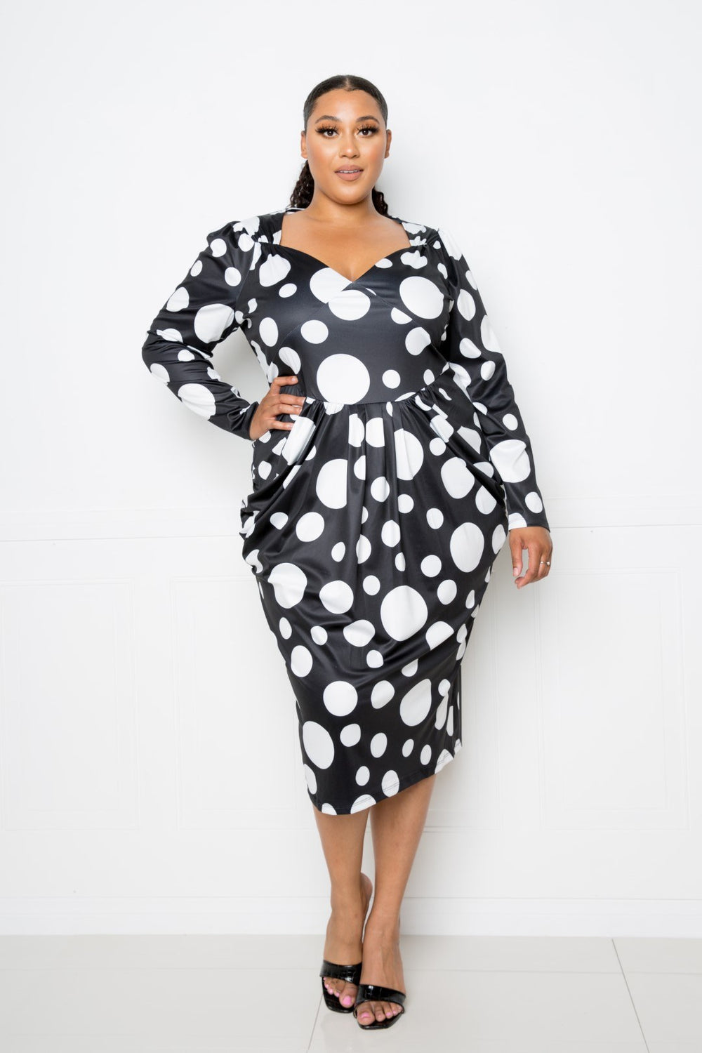 Polka Dot Drop Waist Ruched Midi Dress - A&A Haute Spot