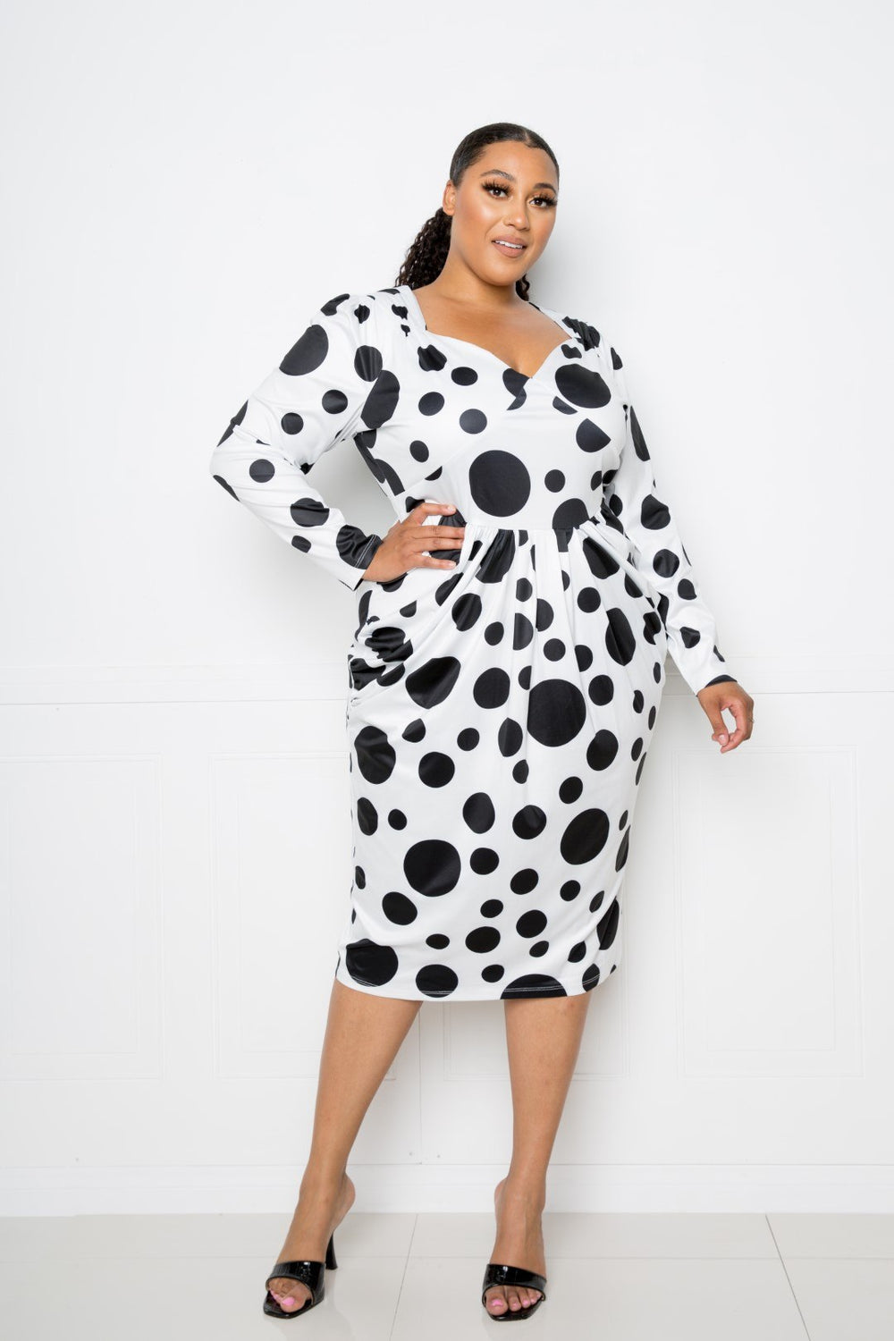 Polka Dot Drop Waist Ruched Midi Dress - A&A Haute Spot