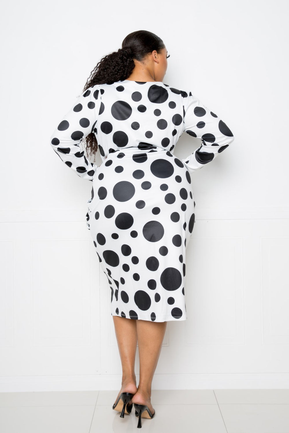 Polka Dot Drop Waist Ruched Midi Dress - A&A Haute Spot