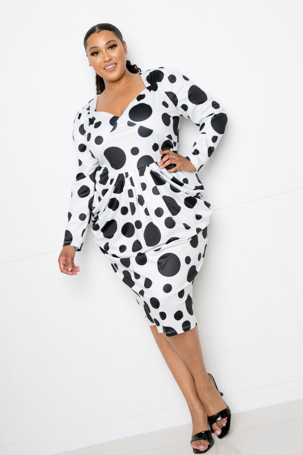 Polka Dot Drop Waist Ruched Midi Dress - A&A Haute Spot