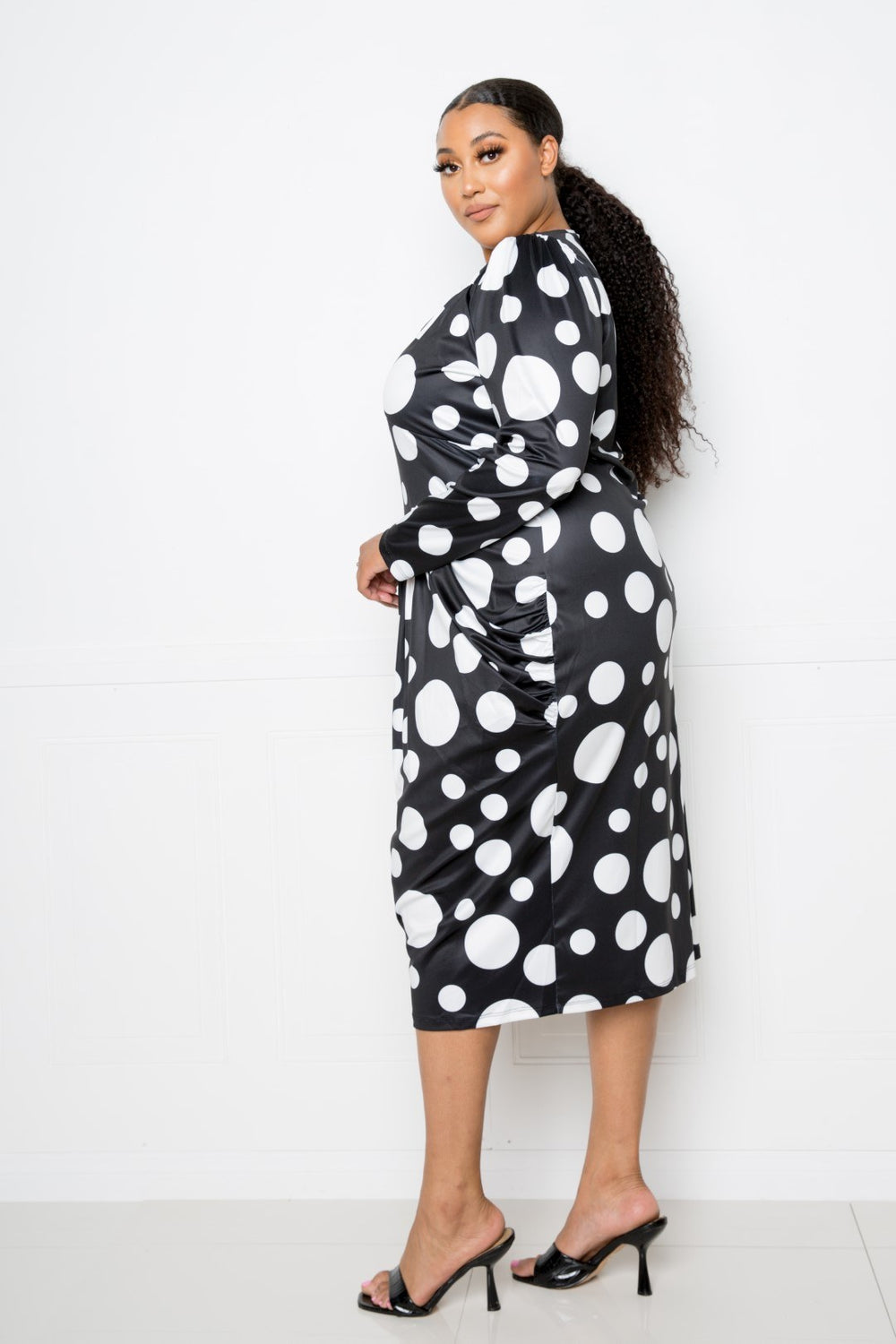 Polka Dot Drop Waist Ruched Midi Dress - A&A Haute Spot