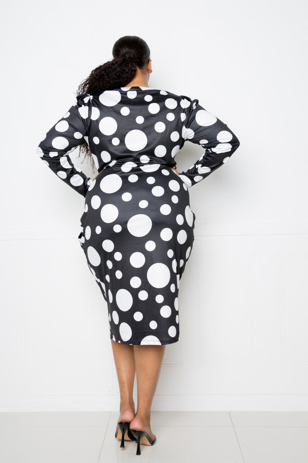 Polka Dot Drop Waist Ruched Midi Dress - A&A Haute Spot