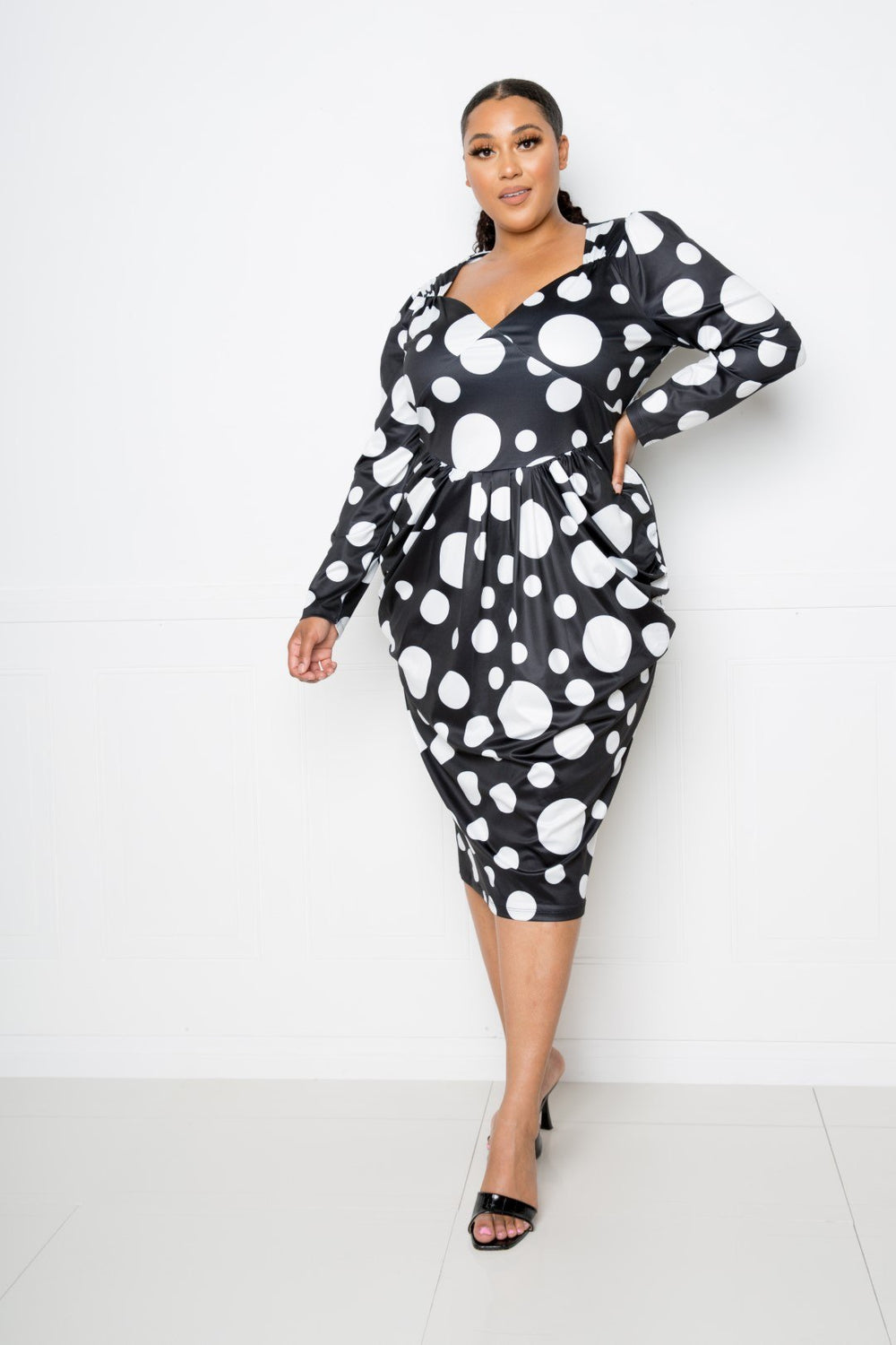 Polka Dot Drop Waist Ruched Midi Dress - A&A Haute Spot