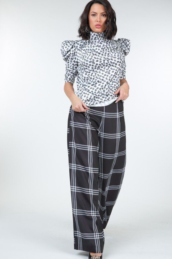High Waist Plaid Print Wide Leg Pants - A&A Haute Spot