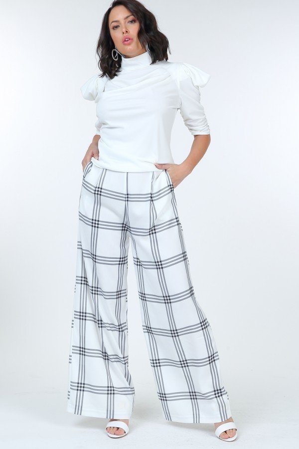 High Waist Plaid Print Wide Leg Pants - A&A Haute Spot
