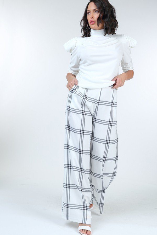 High Waist Plaid Print Wide Leg Pants - A&A Haute Spot