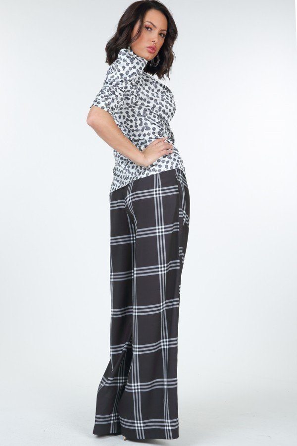 High Waist Plaid Print Wide Leg Pants - A&A Haute Spot