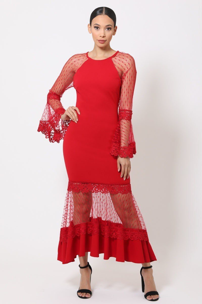 Bell Sleeve Mesh Combined Fashion Long Dress - A&A Haute Spot