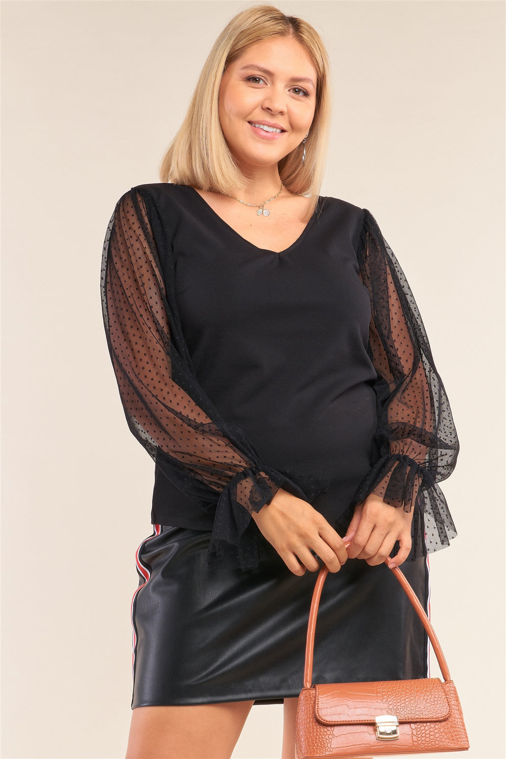 Plus Size Relaxed Fit Deep Plunge V-neck Long Polka Dot Mesh Balloon Sleeve Top - A&A Haute Spot