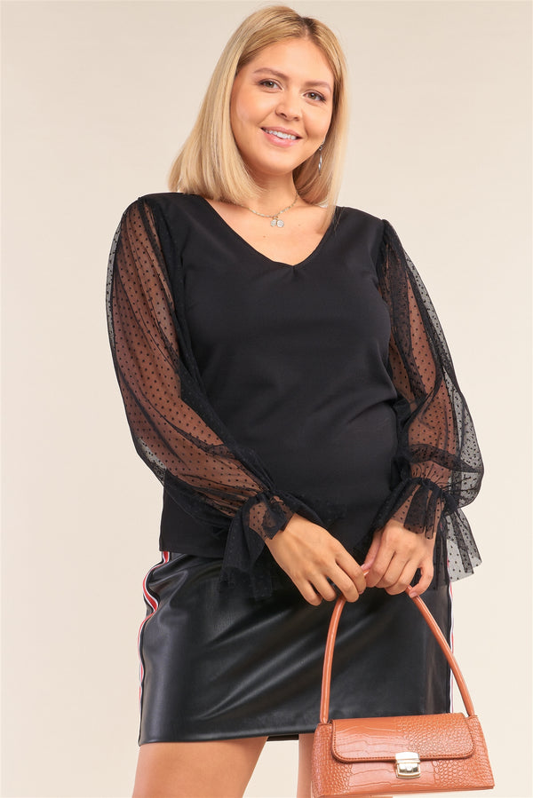 Plus Size Relaxed Fit Deep Plunge V-neck Long Polka Dot Mesh Balloon Sleeve Top - A&A Haute Spot
