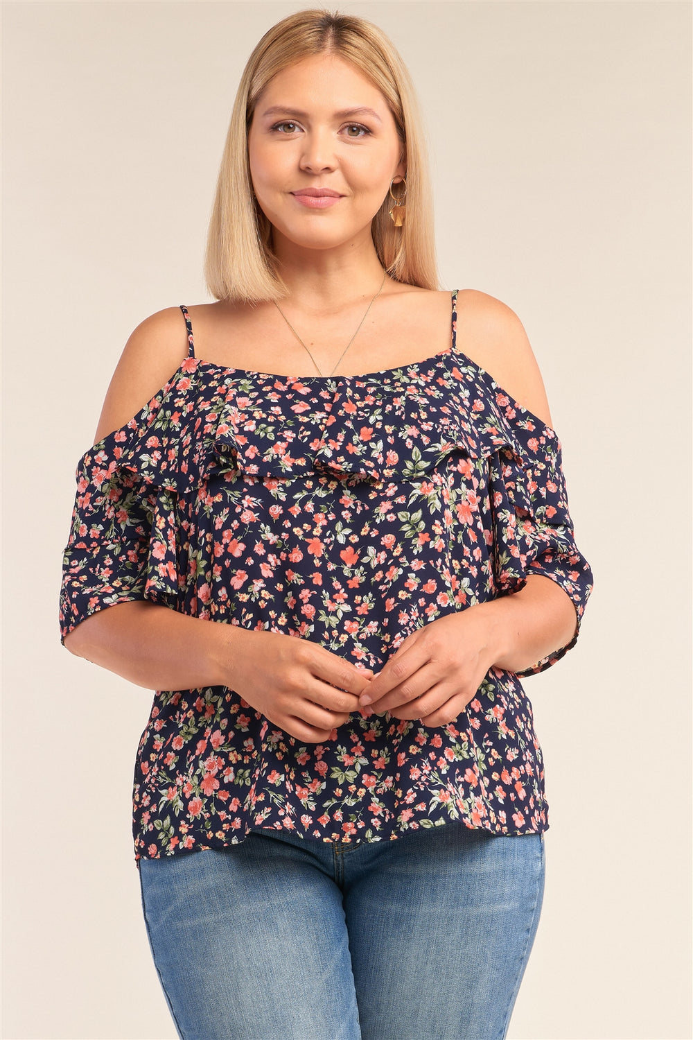 Plus Size Floral Print Relaxed Fit Mini Sleeve Off-the-shoulder Flared Hem Top - A&A Haute Spot
