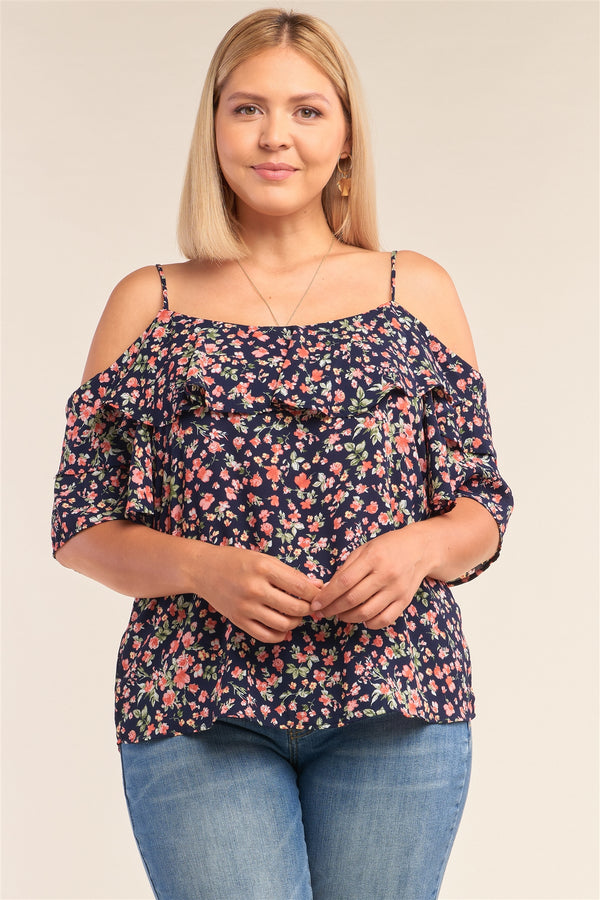 Plus Size Floral Print Relaxed Fit Mini Sleeve Off-the-shoulder Flared Hem Top - A&A Haute Spot