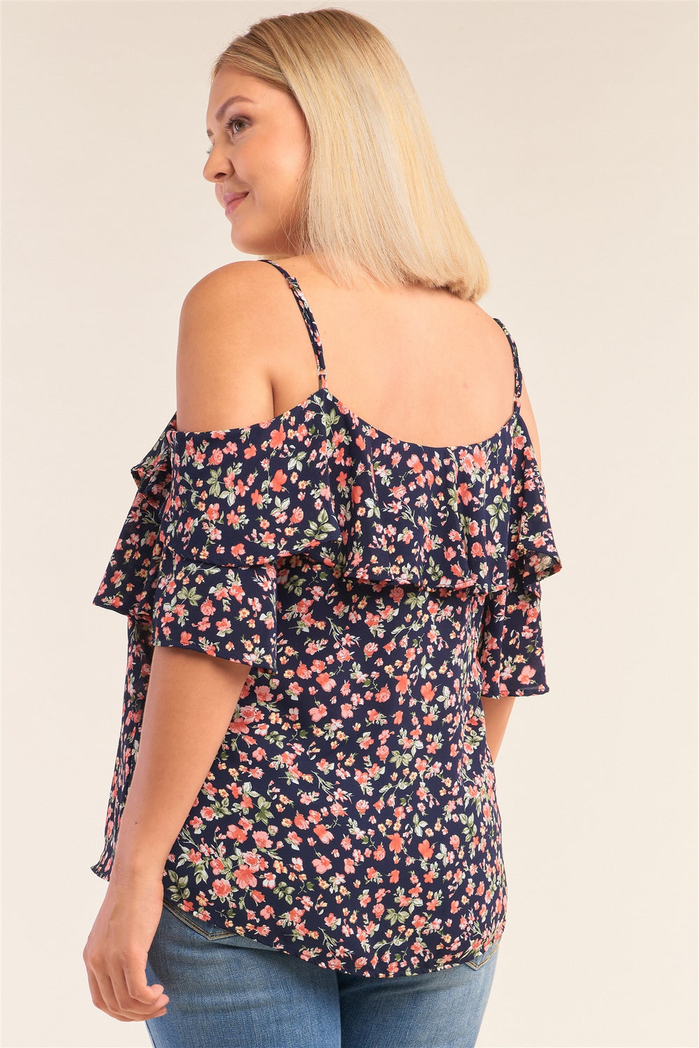 Plus Size Floral Print Relaxed Fit Mini Sleeve Off-the-shoulder Flared Hem Top - A&A Haute Spot