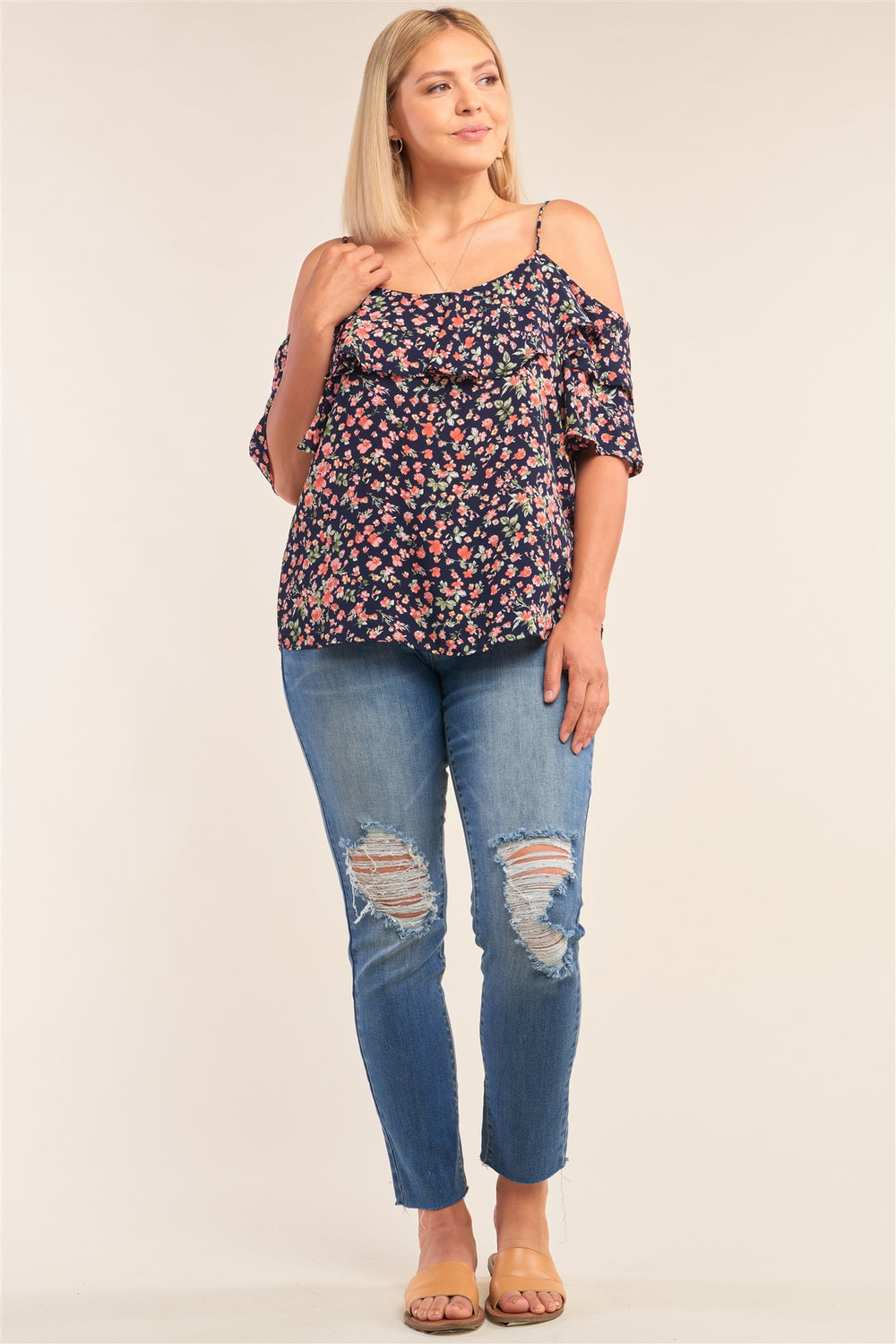 Plus Size Floral Print Relaxed Fit Mini Sleeve Off-the-shoulder Flared Hem Top - A&A Haute Spot