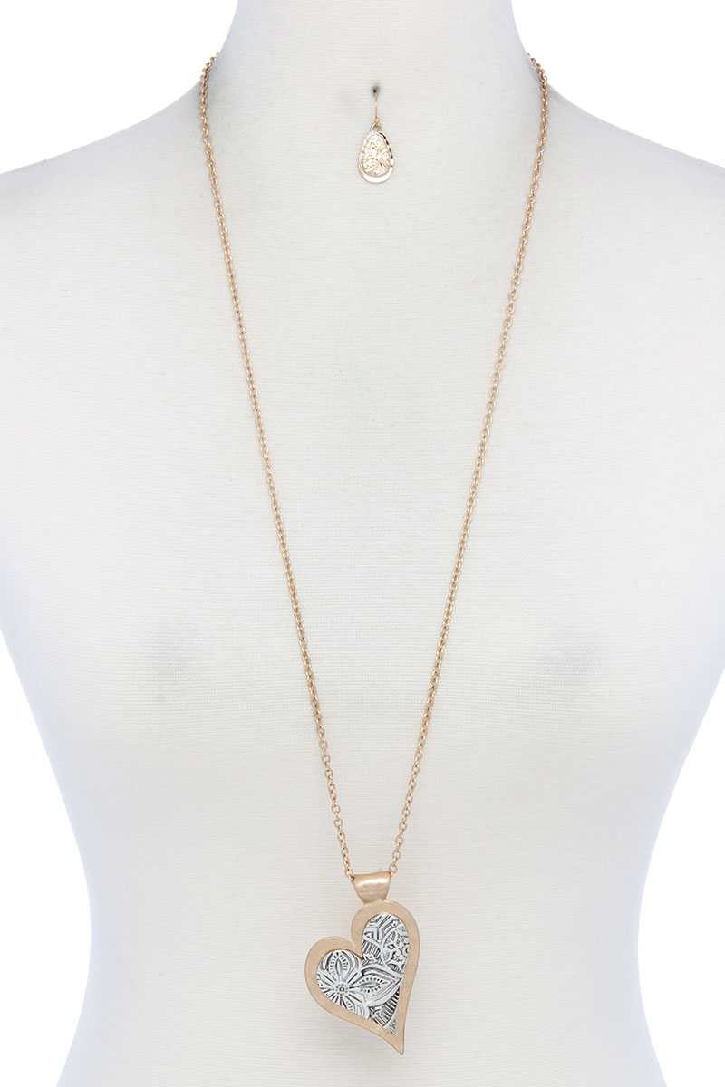 Two Tone Filigree Hert Shape Pendant Necklace - A&A Haute Spot