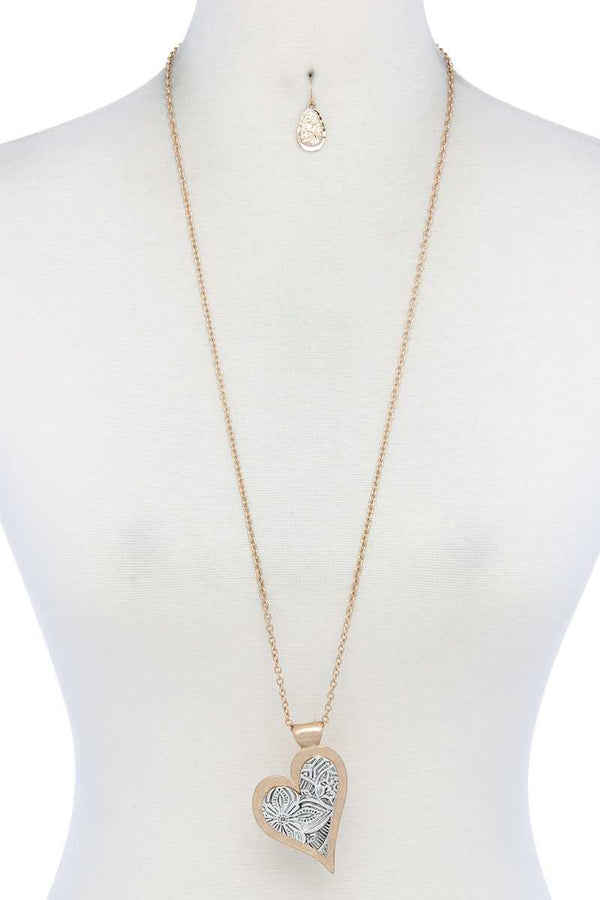Two Tone Filigree Hert Shape Pendant Necklace - A&A Haute Spot