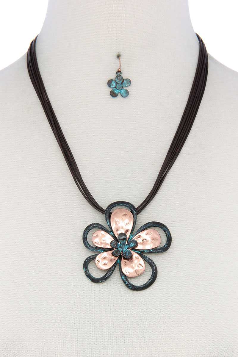 Two Tone Flower Pendant Pu Leather Necklace - A&A Haute Spot