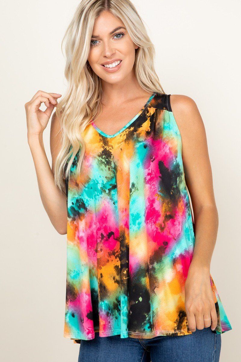 Tie Dye Sleeveless V Neck Swing Tunic Top - A&A Haute Spot