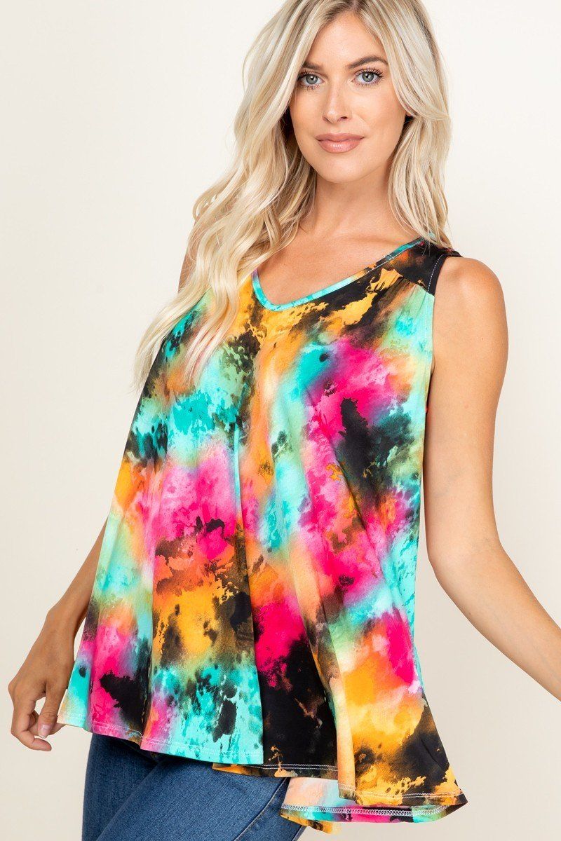 Tie Dye Sleeveless V Neck Swing Tunic Top - A&A Haute Spot