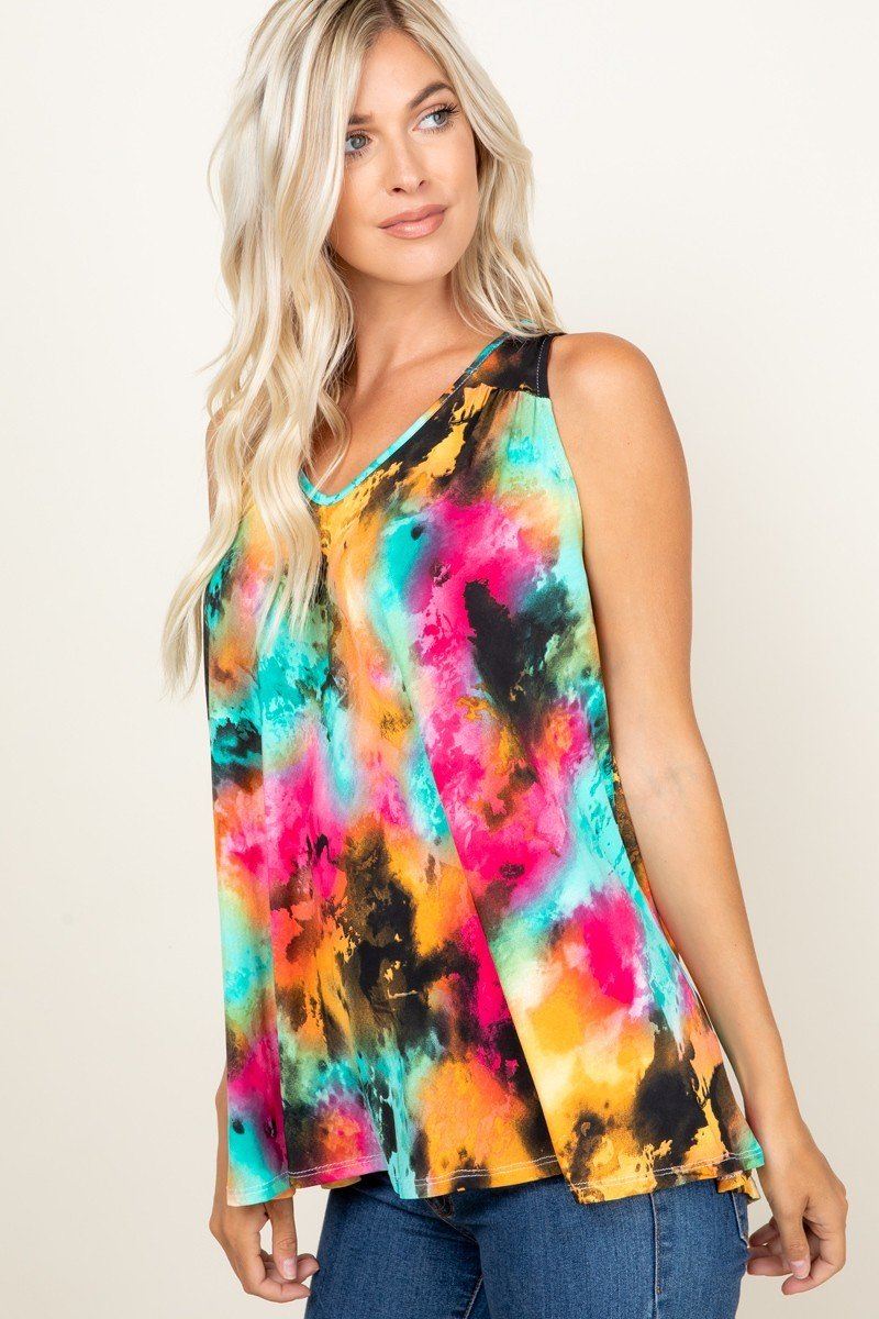 Tie Dye Sleeveless V Neck Swing Tunic Top - A&A Haute Spot