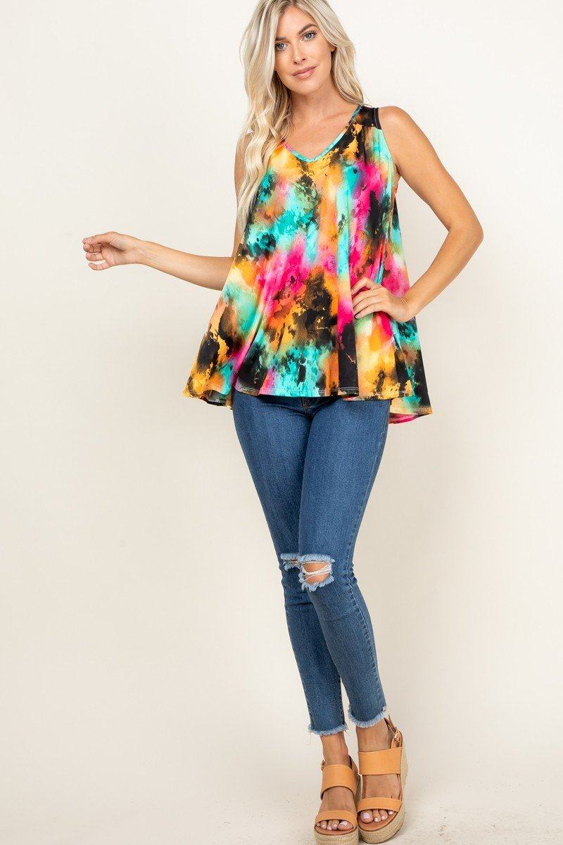 Tie Dye Sleeveless V Neck Swing Tunic Top - A&A Haute Spot