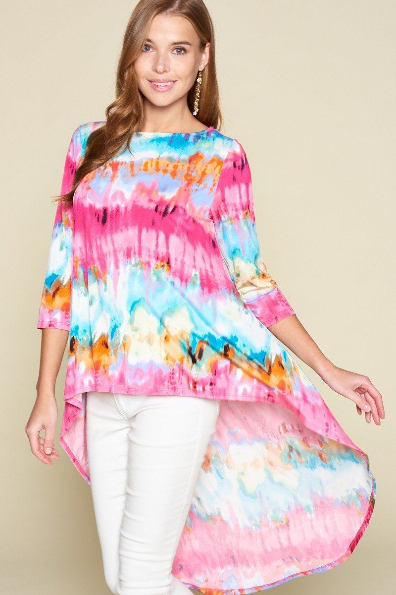 Tie-dye Venechia High Low Fashion Top With 3/4 Sleeves - A&A Haute Spot