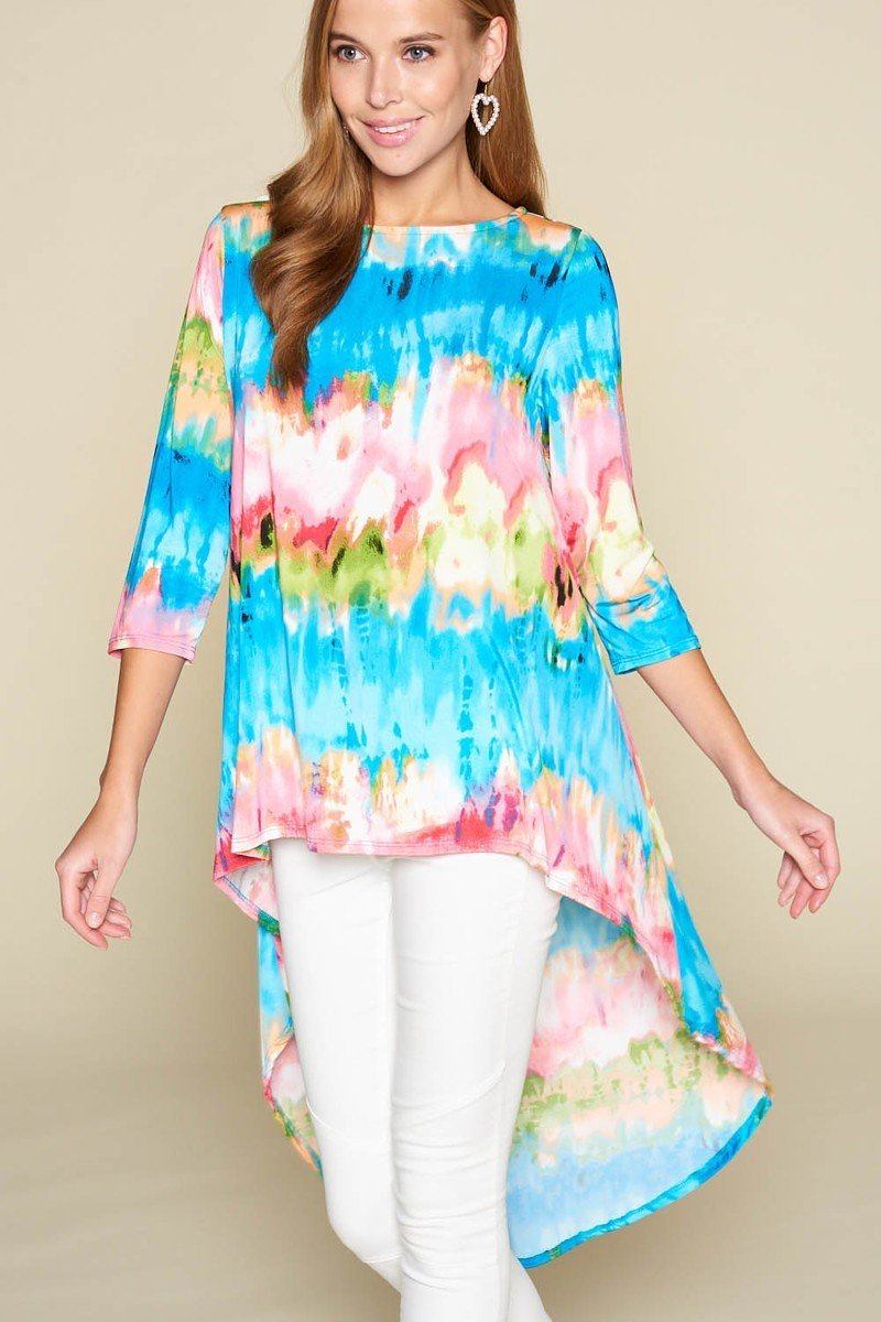 Tie-dye Venechia High Low Fashion Top With 3/4 Sleeves - A&A Haute Spot
