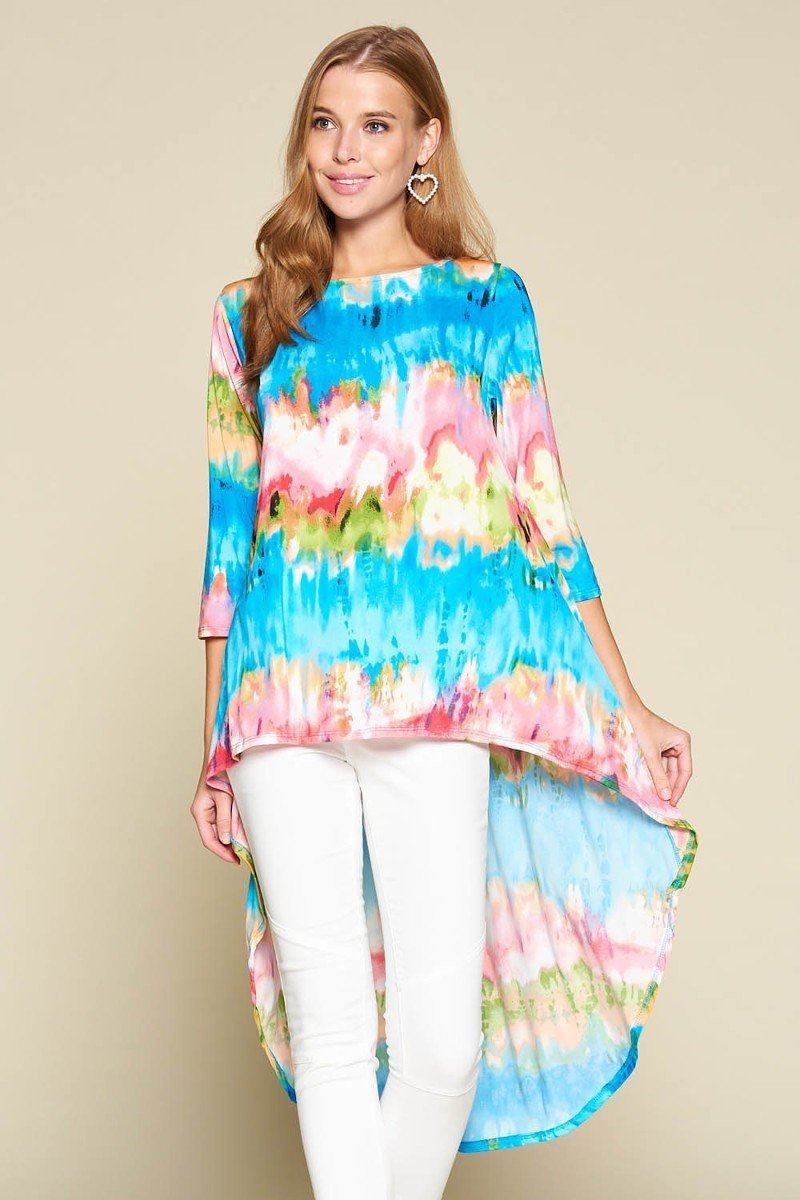 Tie-dye Venechia High Low Fashion Top With 3/4 Sleeves - A&A Haute Spot