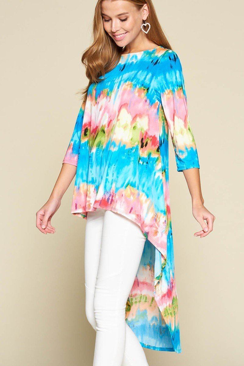 Tie-dye Venechia High Low Fashion Top With 3/4 Sleeves - A&A Haute Spot