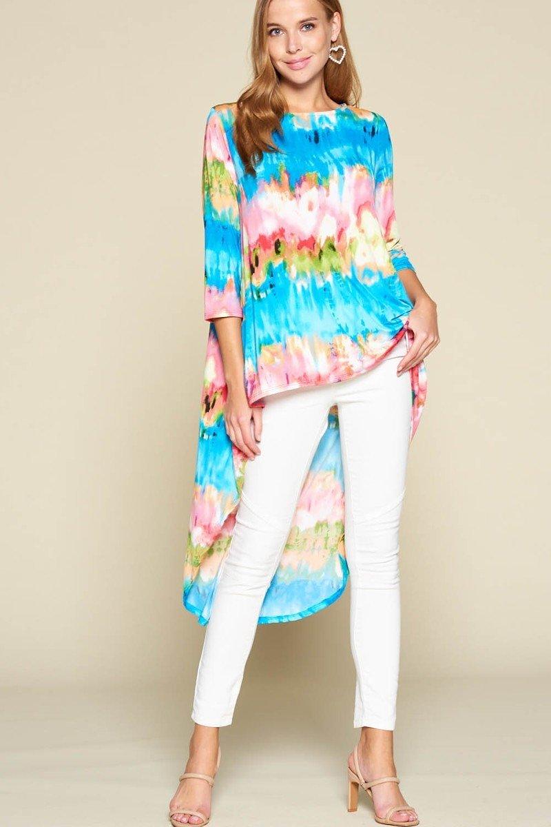 Tie-dye Venechia High Low Fashion Top With 3/4 Sleeves - A&A Haute Spot