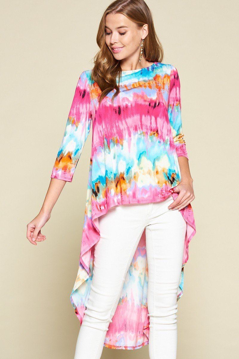 Tie-dye Venechia High Low Fashion Top With 3/4 Sleeves - A&A Haute Spot