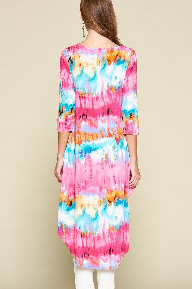 Tie-dye Venechia High Low Fashion Top With 3/4 Sleeves - A&A Haute Spot