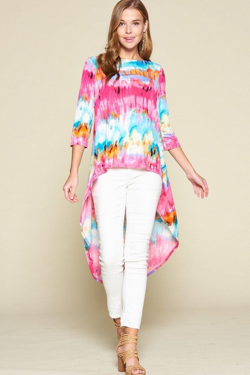 Tie-dye Venechia High Low Fashion Top With 3/4 Sleeves - A&A Haute Spot