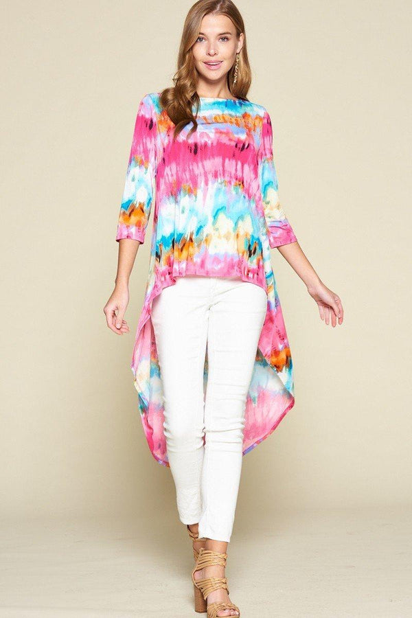 Tie-dye Venechia High Low Fashion Top With 3/4 Sleeves - A&A Haute Spot