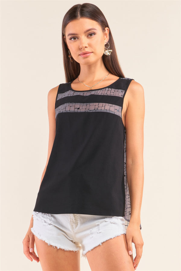 Grey And Black Sleeveless Relaxed Fit Brick Pattern Print Mesh Round Neck Top - A&A Haute Spot