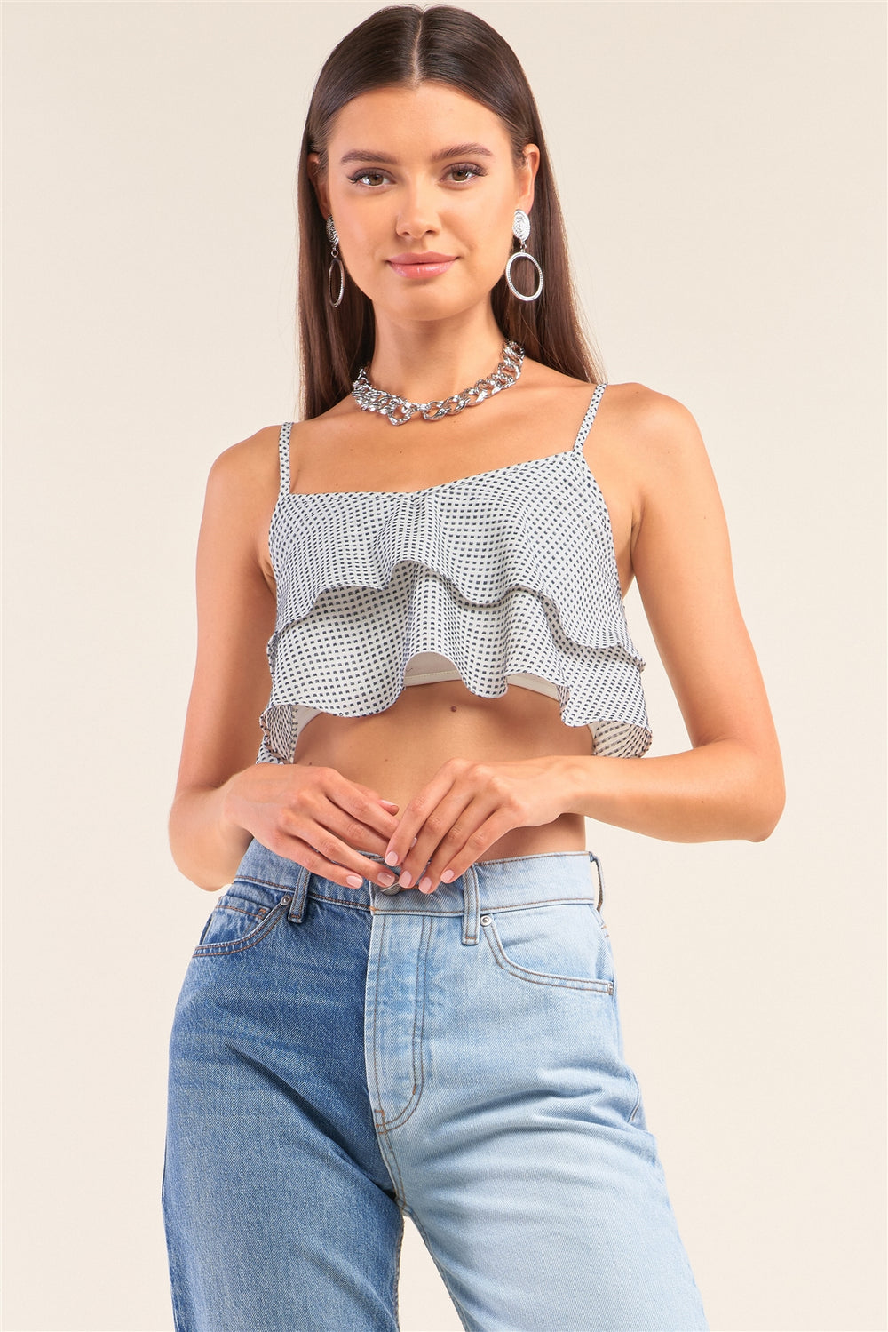 White And Navy Sleeveless Polka Square Layered Smock Back Cropped Top - A&A Haute Spot