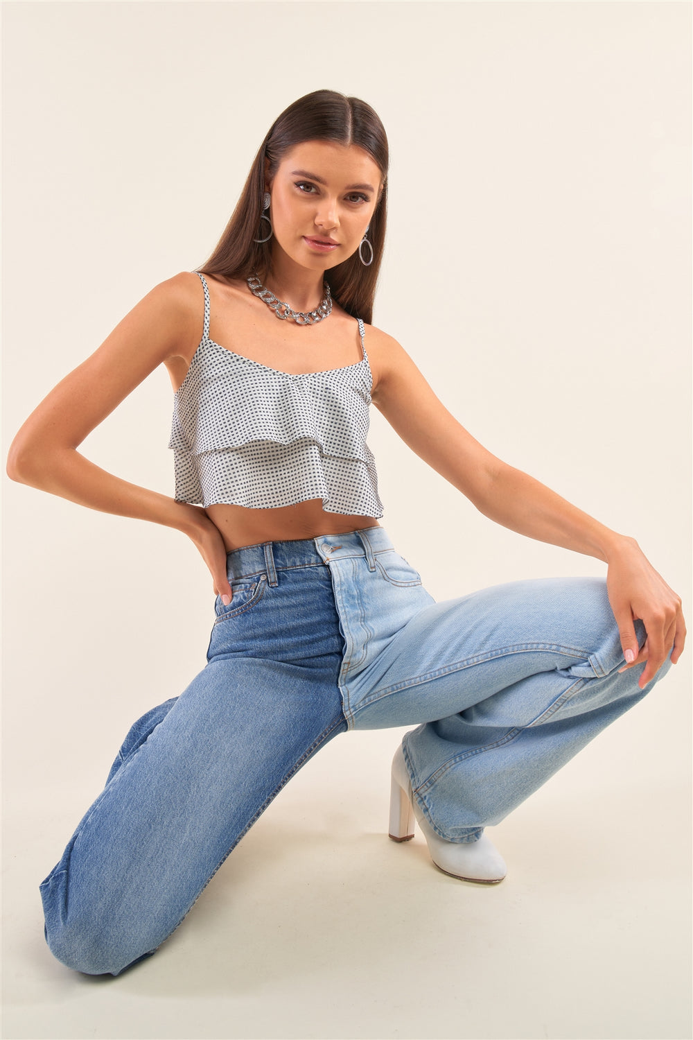 White And Navy Sleeveless Polka Square Layered Smock Back Cropped Top - A&A Haute Spot