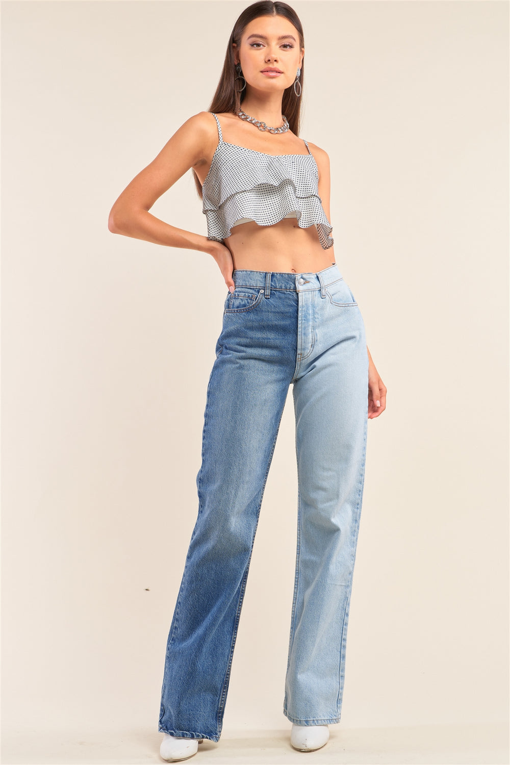 White And Navy Sleeveless Polka Square Layered Smock Back Cropped Top - A&A Haute Spot