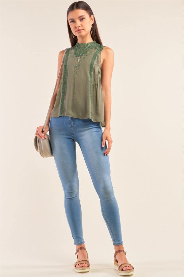 Forest Green Sleeveless Crochet Embroidered Hem Pleated Babydoll Top - A&A Haute Spot