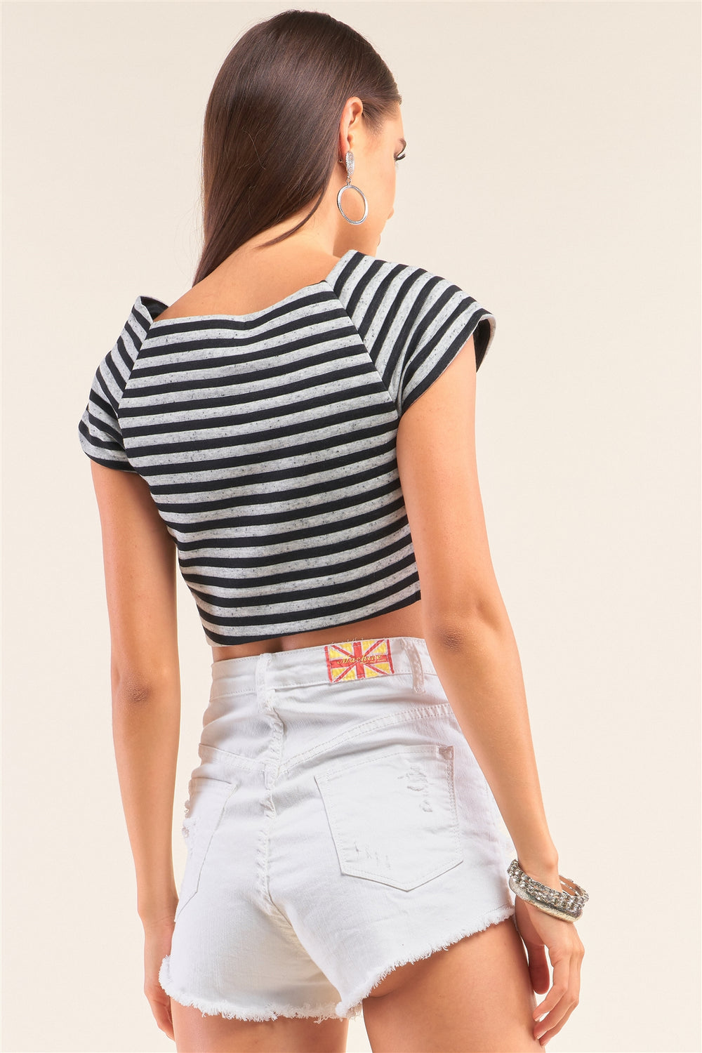 Black And Grey Striped Square Neck Mini Sleeve Cropped Top - A&A Haute Spot