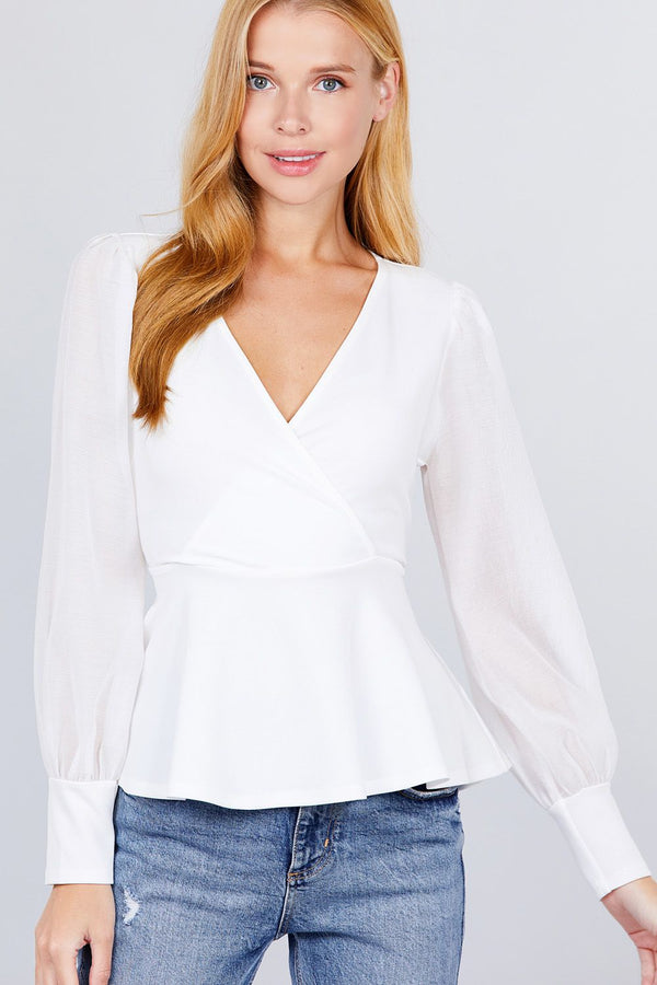 Puff Sleeve V-neck Peplum Top - A&A Haute Spot