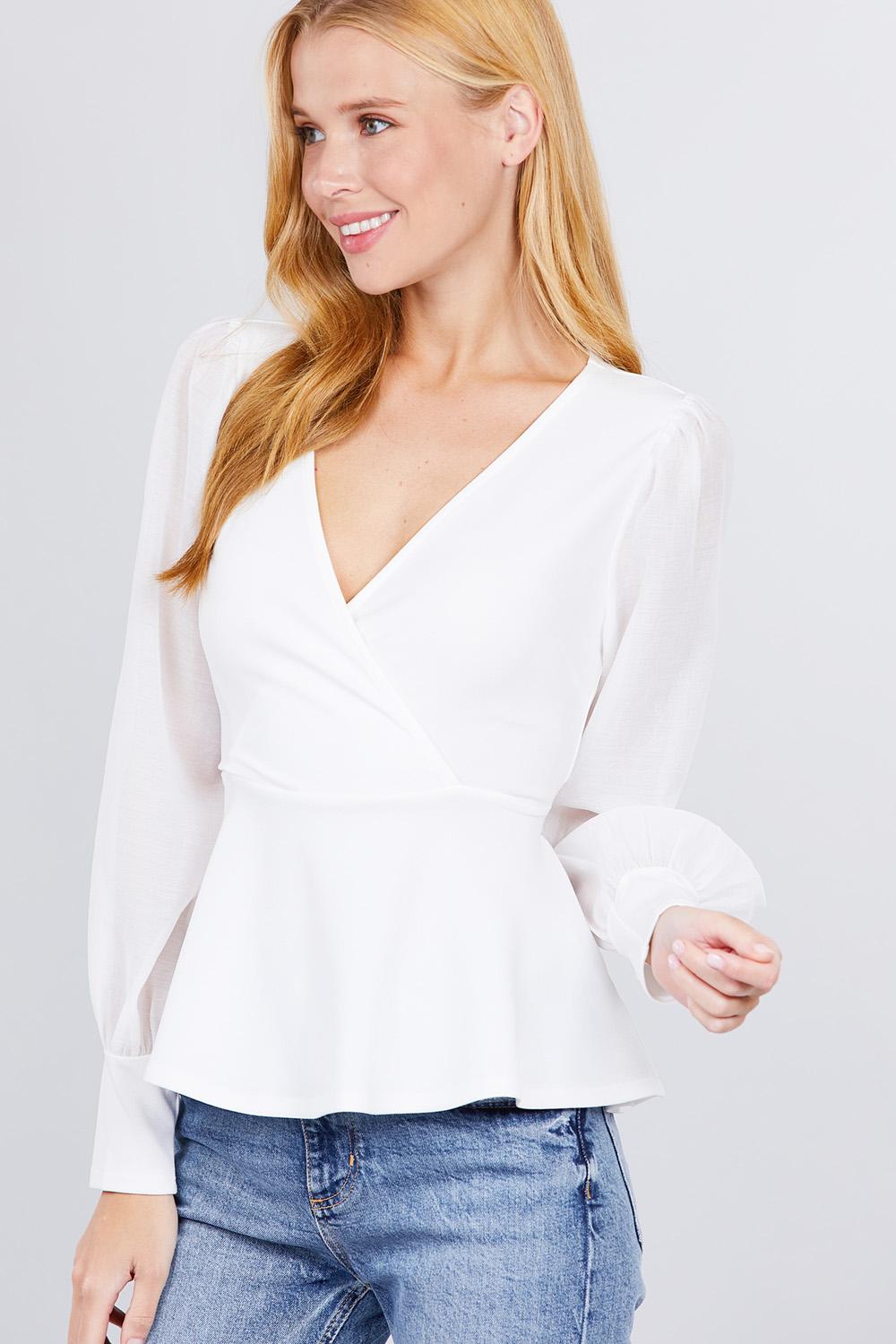 Puff Sleeve V-neck Peplum Top - A&A Haute Spot