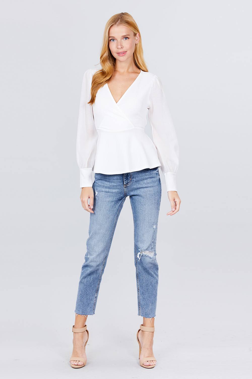 Puff Sleeve V-neck Peplum Top - A&A Haute Spot